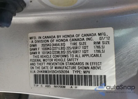 2012 Honda Cr-V Ex z USA, uszkodzony, nr VIN 2HKRM3H59CH509394